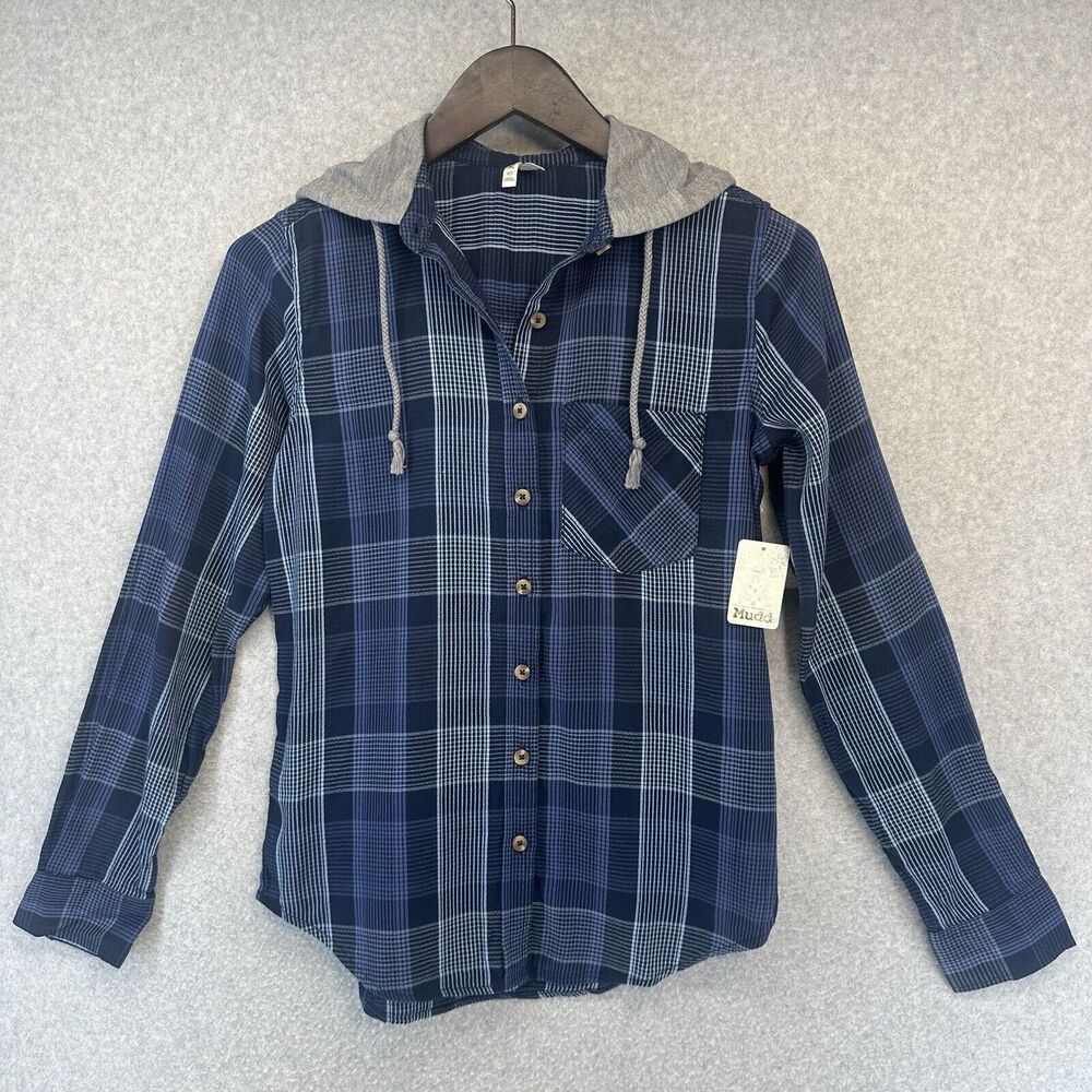 Mudd BTS Womens Hooded Shirt Front Pocket Blue Plaid Gray Hoodie Size X Small